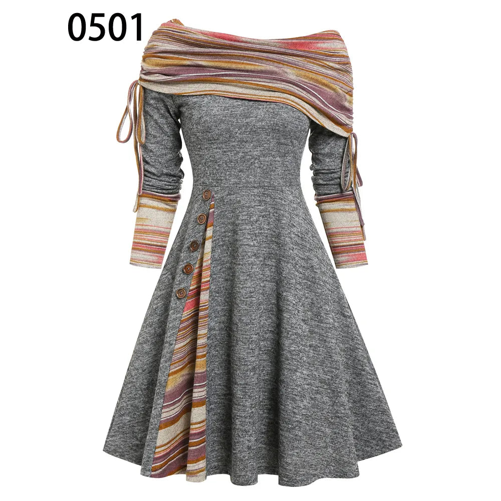 Convertible Cinched Striped Flare Dress Foldover Off The Shoulder Knitted Dresses Women Long Sleeve Jurken Light Gray0501