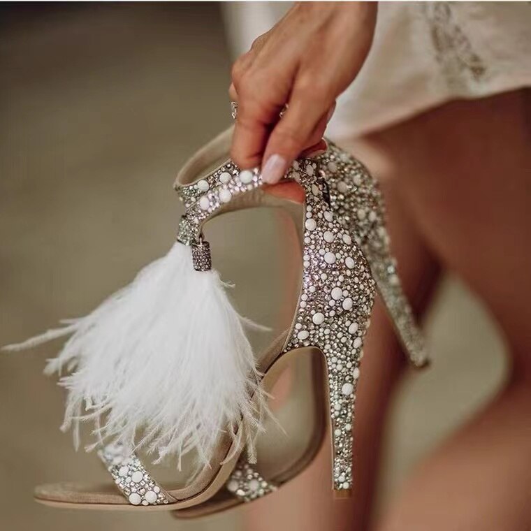 Rhinestone Feather Tassel High Heels Crystal Shoes Sandals Women&amp;#39s Stiletto Sexy Wedding Bridal Shoes Wedding Shoes Sandal