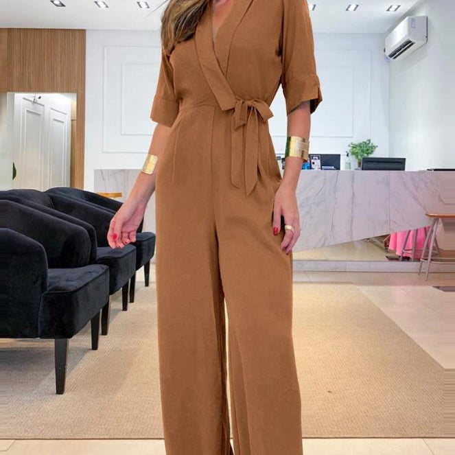 Half Sleeve Wide Leg Work Jumpsuit Summer Women's Bodysuit New Fashion Elegant Office High Waist V-Neck Lace Up Style B