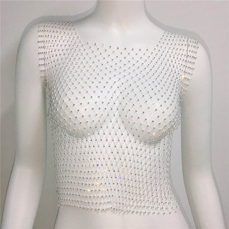 Fishnet Glitter Rhinestone Crop Top Sexy Hollow Out Mesh Sheer Women Beach Y2K Camis Crystal Diamond Club Rave Party Tank Tops White One Size