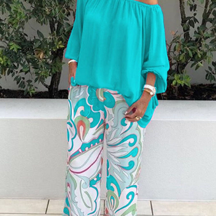 One-shoulder Loose Long Sleeved T Shirt Set Women's Spring Autumn Leisure Printed Wide Leg Trousers + Shirt Two Piece Green