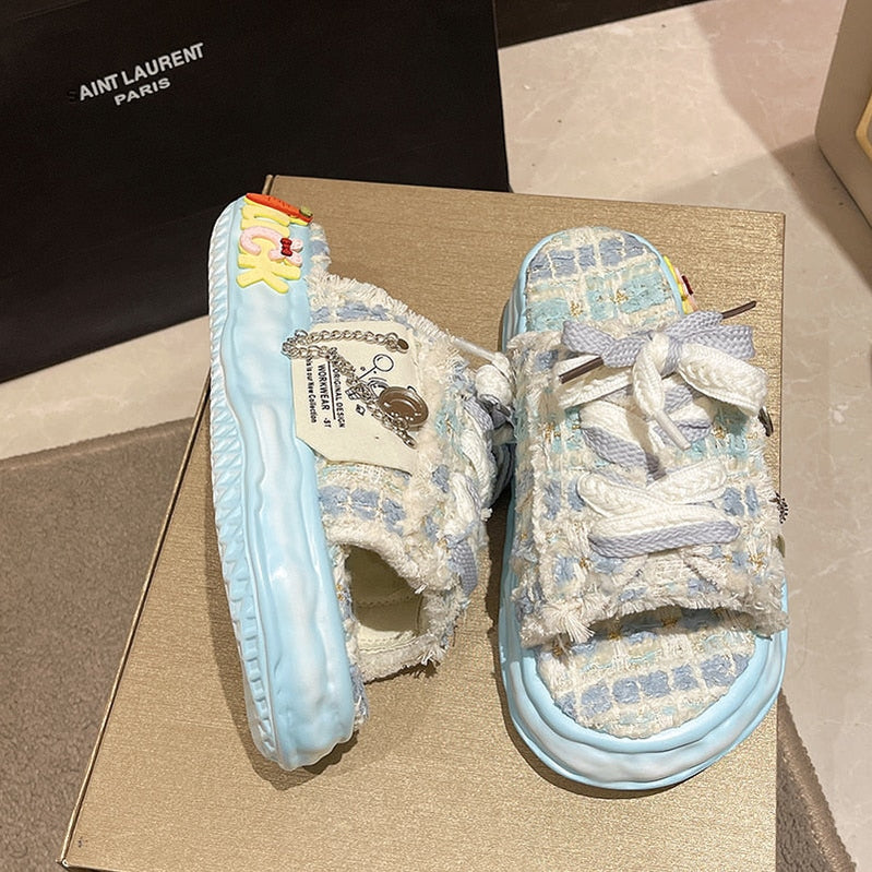 Summer Women Graffiti Slippers Sandals Platform Shoes Mules Flip Flops Street Clogs Flat New Sweet Casual Shoes For Female Sky Blue