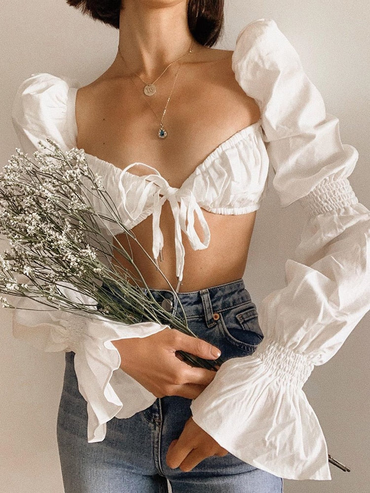 Cryptographic Shirred White Puff Sleeve Tie Front Top Women Blouse Shirts Elegant Hot Sexy Backless Crop Tops Fashion Blusas