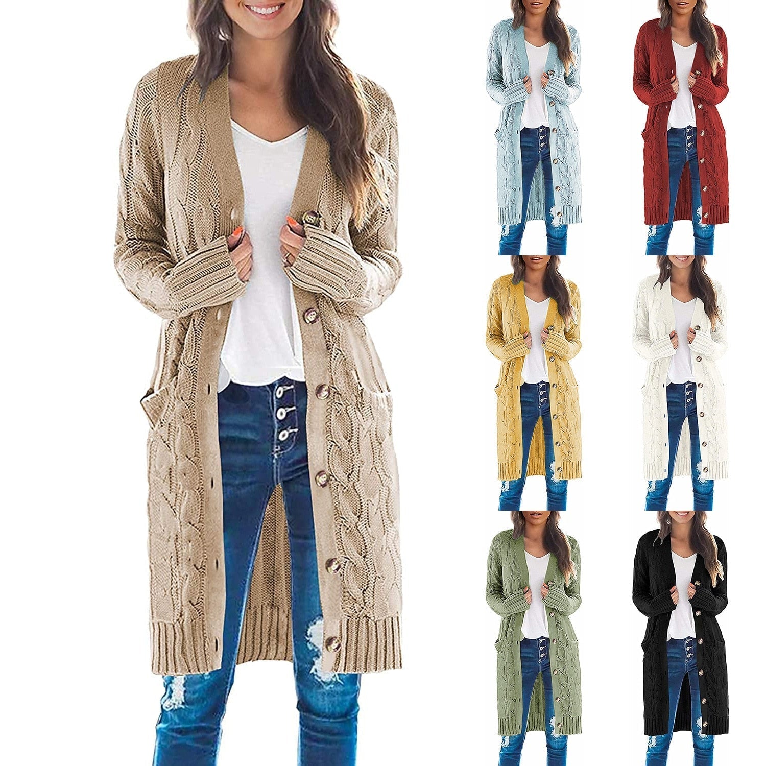Casual Long Sweater Full Sleeve Single Breasted Solid Knitted Cardigan Women