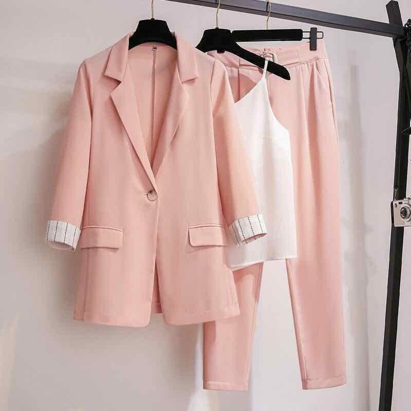 Women's Professional Wear Spring Fall New Suit Jacket Vest Pants Three-piece Korean Fashion Blazers Trousers Suspender Set Three-piece 05