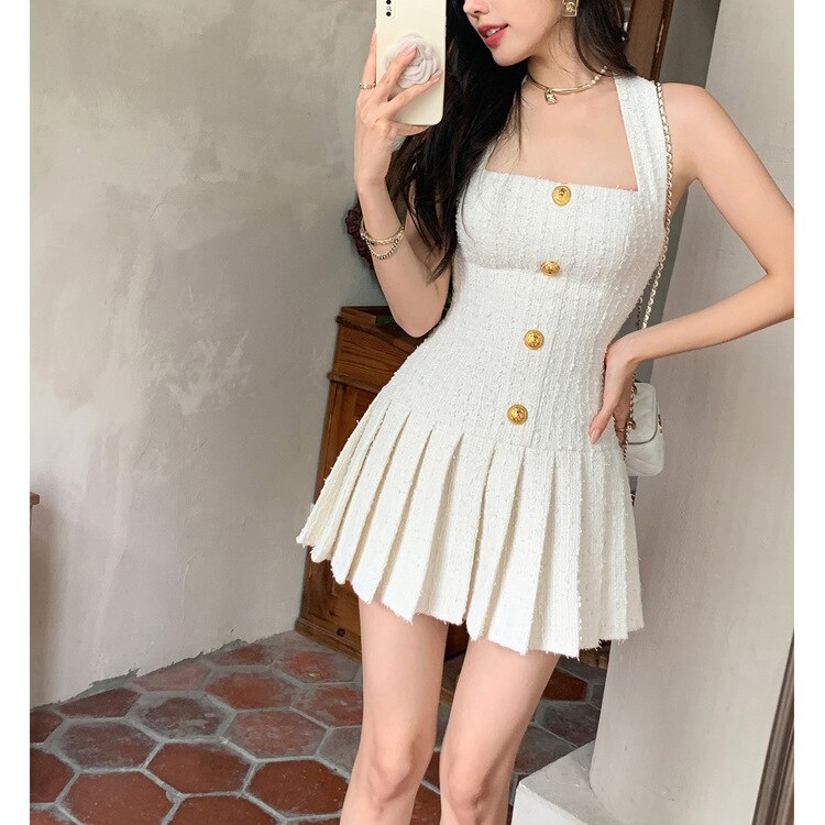 Womens Dresses Summer Gold Button Tweed Halterneck Strap Dress Korean Style A-line Elegant Party Evening Dress Mini Dress Mini Dress