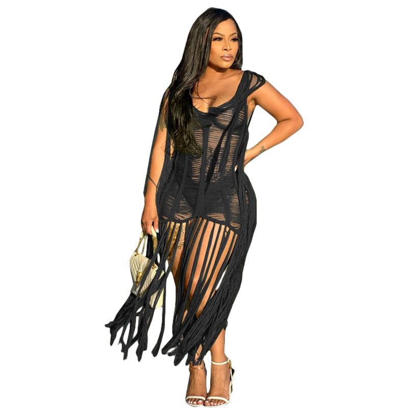Sexy Crochet Knit Rib Tassel Mini Dress for Women Summer 2023 Fashion Sleeveless See Through Club Party Dresses Beach Wear Robe black