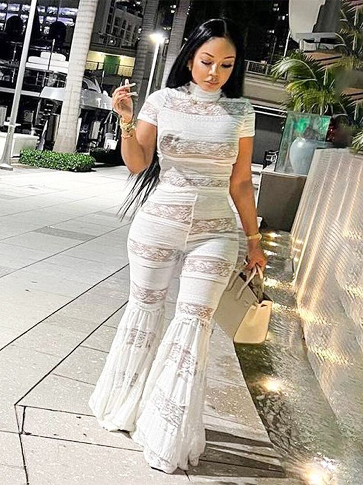 Fall Two Piece Sets Outfits Women Short Sleeve Lace Mesh Tops High Waist Pants Suits Autumn Party Club Matching Sets White