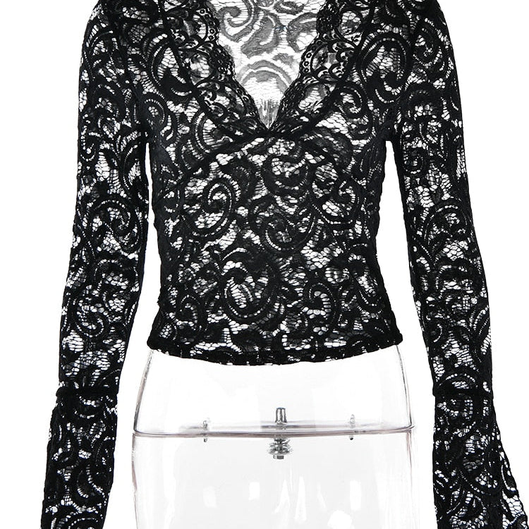 JULISSA MO See Through V-neck Long Sleeve Lace Skinny Tops Outfits Women Summer Party Club T-Shirts Tees Club Party Clothes Black