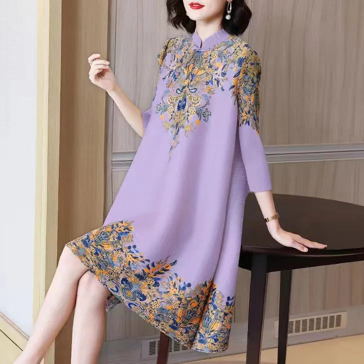Summer Autumn Overesized Stand Collar Temperament Floral Printing Dress Ladies Elegant Fashion Loose Dresses Robe Femme Vestido Purple