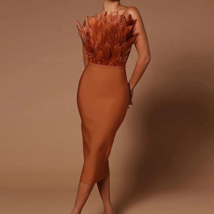 Sexy Feather Bandage Dress Vestidos Para Mujer Wedding Birthday Party Night Cocktail Club Dresses Auburn