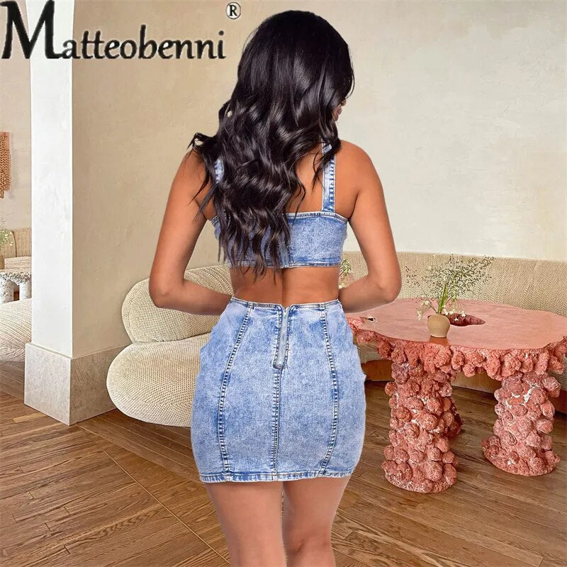 Sexy Backless Hollow Out Suspenders Denim Dress Female Fashion Casual Party Trend Streetwear Women Sleeveless Dressy Short Gown