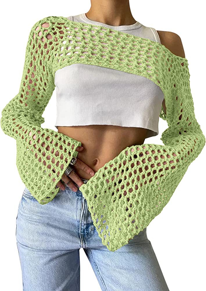 Summer Long Sleeve Smock Knitted Crop Top Women Y2k Beach Sexy Backless Hollow Out T Shirts Green Party Casual Pullovers Light Green