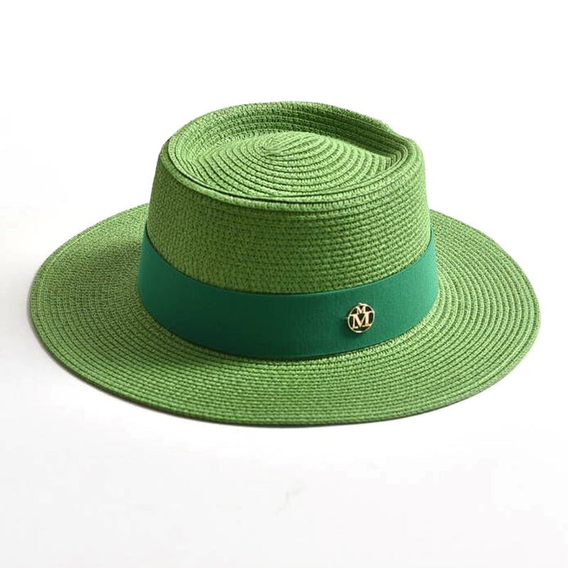 New Summer Straw Sun Hats for Women Ladies Fashion Flat Brim Ribbon Beach Hat Travel Dress Cap chapeau femme Green 56-58CM