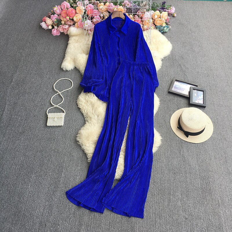 Casual Women Elegant Pleated Two Piece Set Long Sleeve Shirt And Wide Leg Pant Suits Loose Office Lady Outfits Autumn royal blue One Size