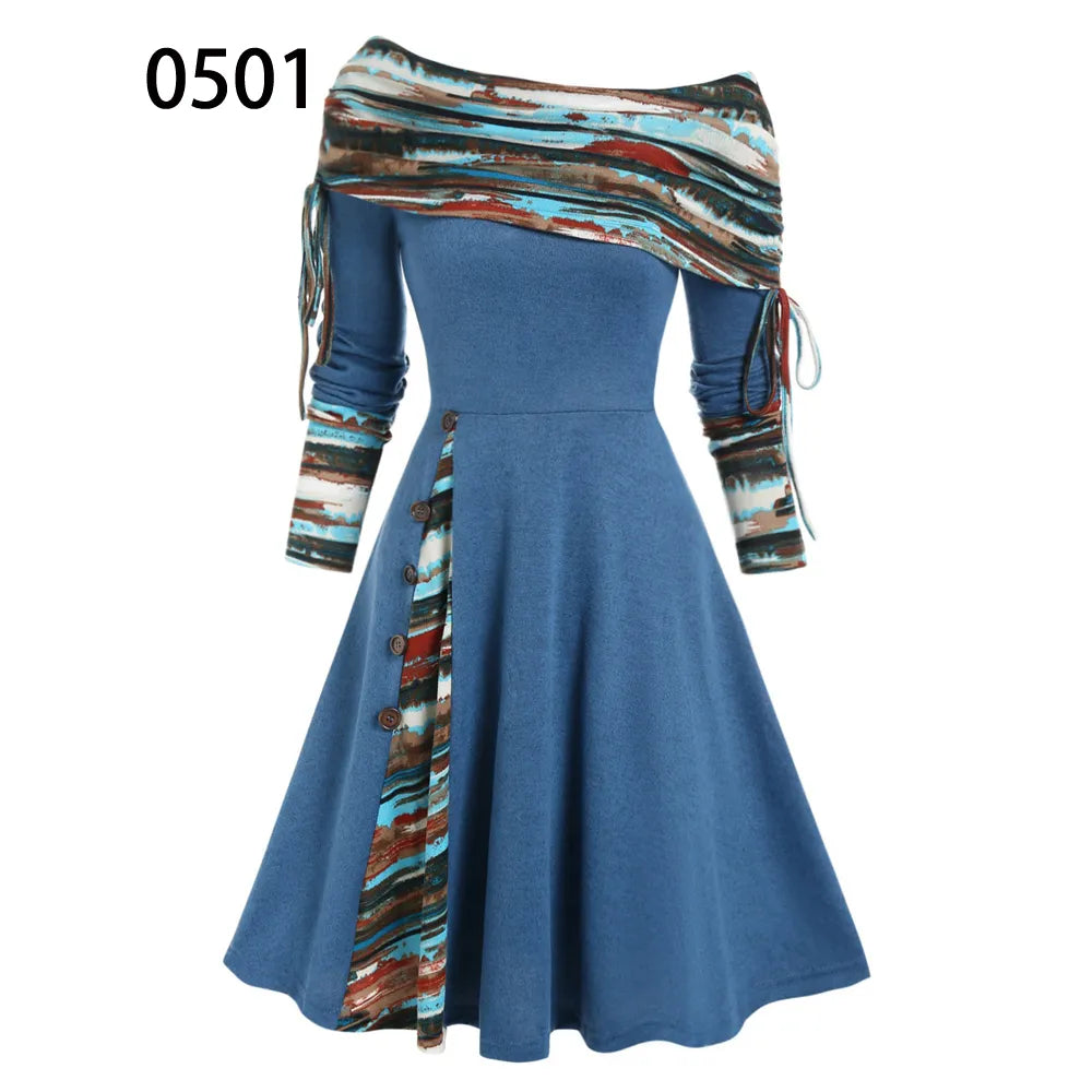 Convertible Cinched Striped Flare Dress Foldover Off The Shoulder Knitted Dresses Women Long Sleeve Jurken Deep Blue0501
