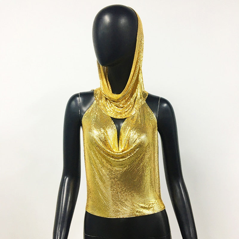 Women Metal Sequins Tank Top With Turban 2 Piece Sexy V Neck Backless Suspender Top Rave Festival Party Nightclub Camisole Gold One Size