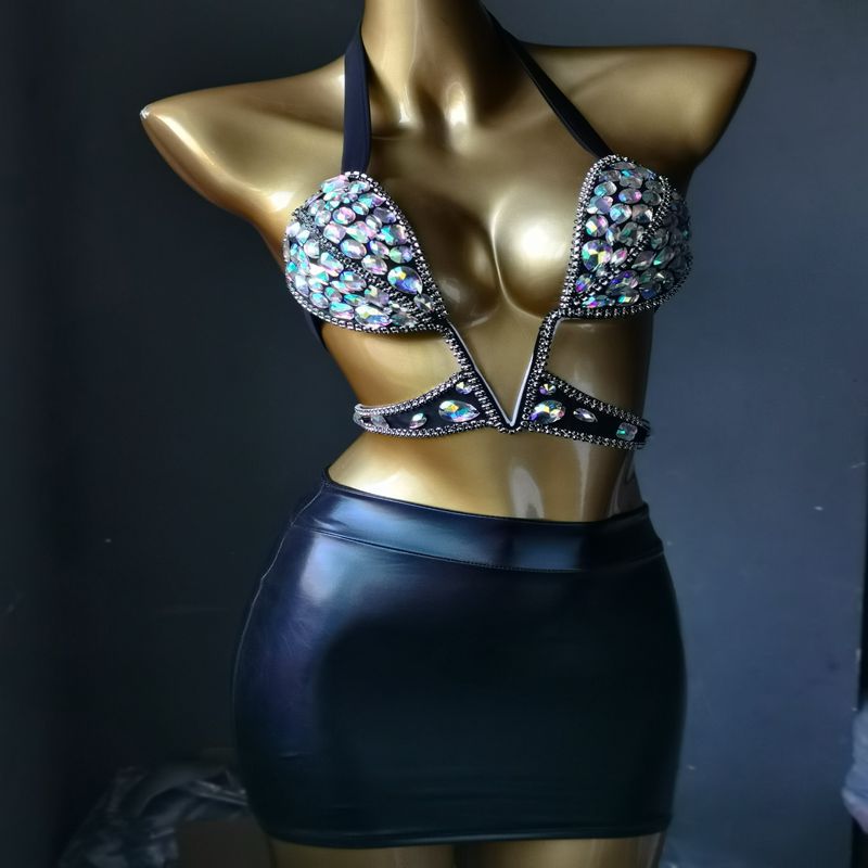 Customized Luxury Rhinestone Dress Crystal Diamond Nightclub Bikini Split Skirt Suit