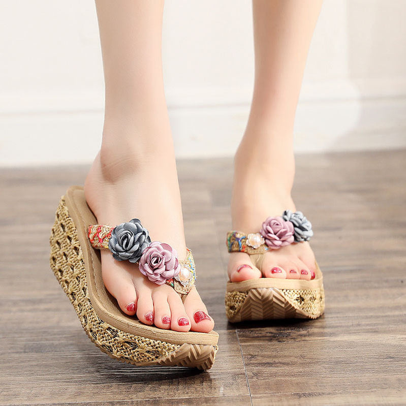 7 CM High Heel Women Wedge Non-Slip Outdoor Slipper Summer Beach Shoes Female Floral Flip-Flop Bohemian String Bead Lady Sandals Khaki