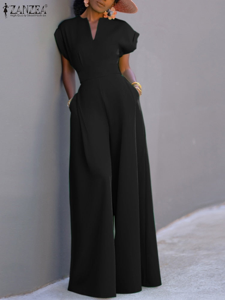 Summer Holiday Overalls Casual Elegant Playsuit Women Short Sleeve Long Rompers Commuting Wide Leg Pants Jumpsuits