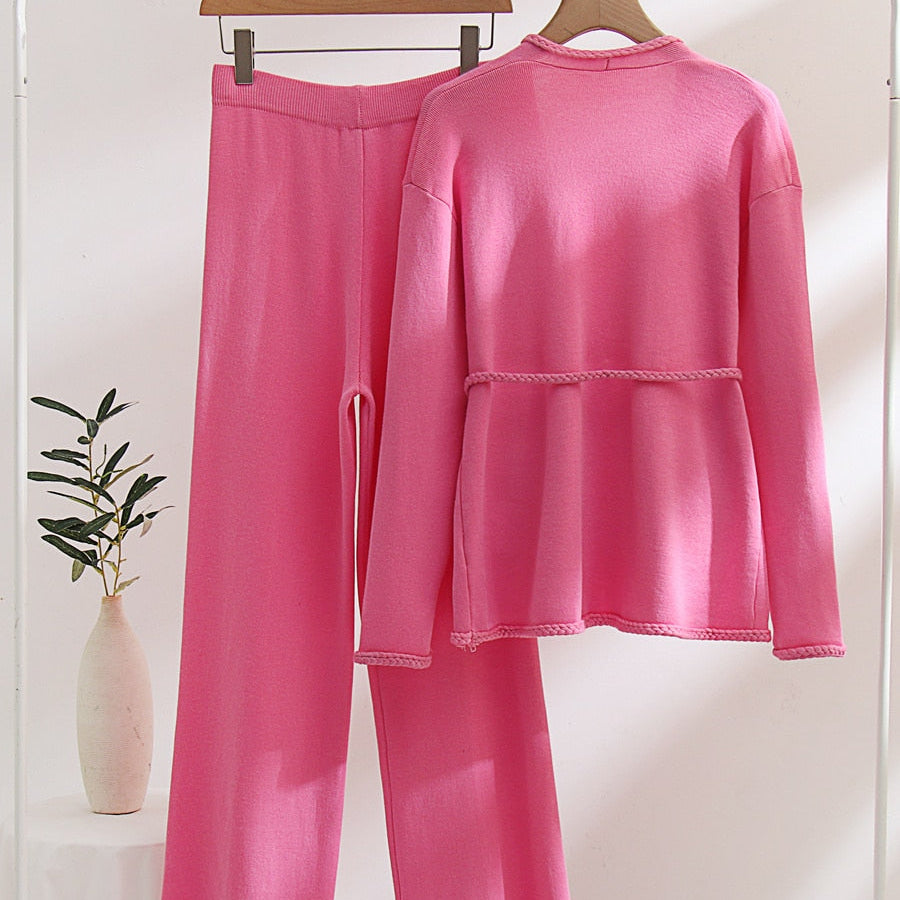 Spring Autumn Knitted Suits Women Long Sleeve Sweater and Wide leg Pants Sets Outwear Loose Lace Up Cardigan Outfits Sets