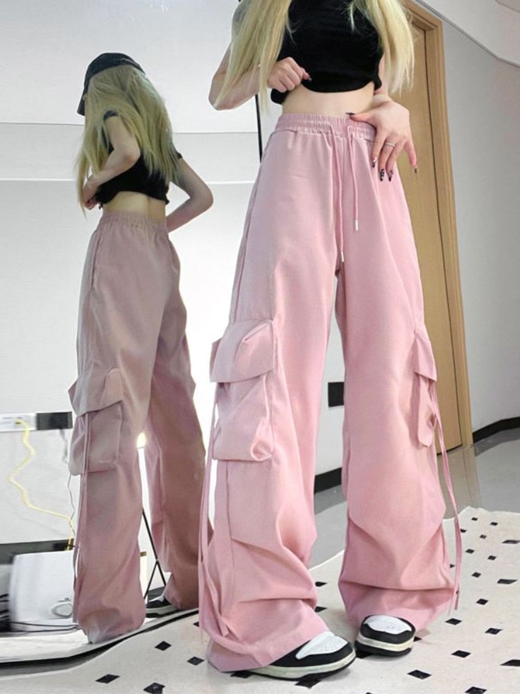 HOUZHOU Harajuku Y2k Wide Cargo Pants Women Baggy Hip Hop Style Black Parachute Pants Pink Oversized Joggers Korean Streetwear Pink