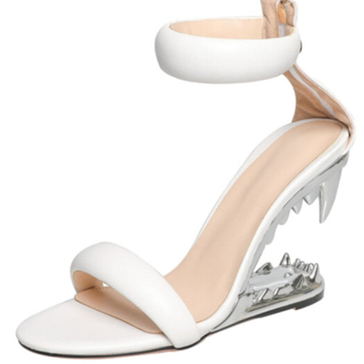 Fashion Metal Teeth Shaped Heel Sandals Round Toe Back Zipper Women's Dress Large Women's Sandals Summer White
