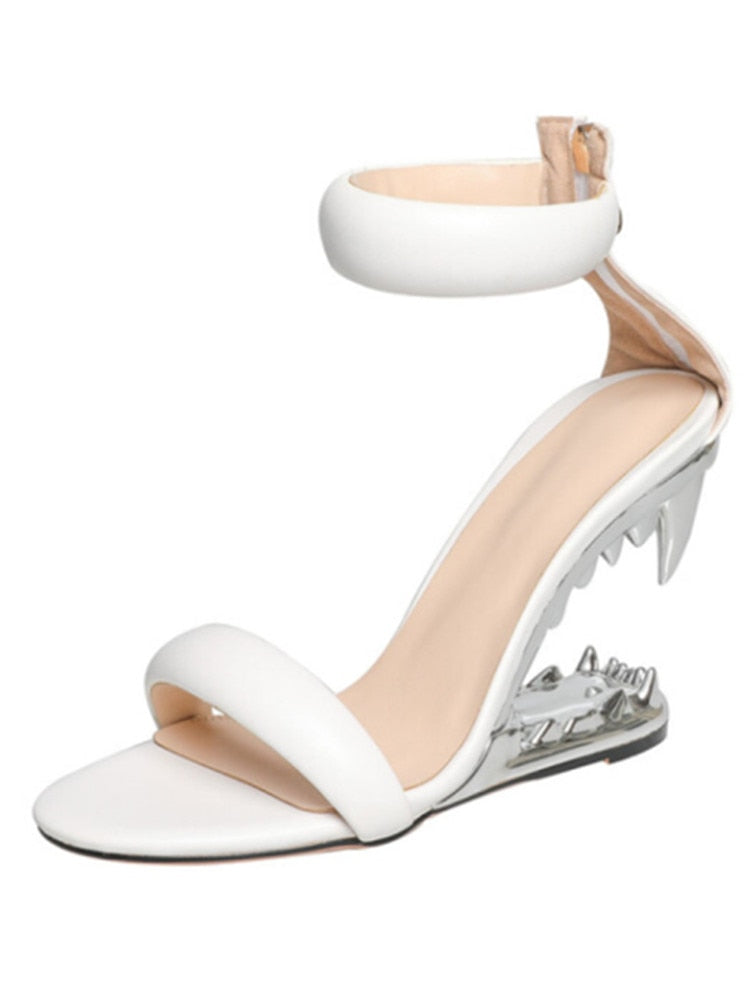 Fashion Metal Teeth Shaped Heel Sandals Round Toe Back Zipper Women's Dress Large Women's Sandals Summer White