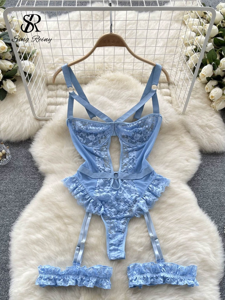 Shapewear Lace Lingerie Bodysuits Women Hollow Out Transparent Slim Sensual Rompers Hotsweet Erotic Sheer Playsuits Blue