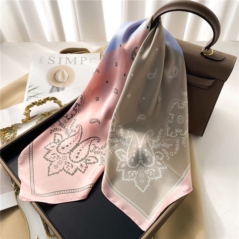 Luxury Print Satin Silk Square Scarf for Women Shawl Hijab Neckerchief Female Hair Ribbon Headband Fashion Wrap Bandana New FJ669-2