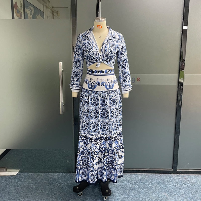 Women 2 Piece Sets Autumn Skirt Sets Sexy Lapel Porcelain Print Sets To Dress Bare Waist Long Sleeves Party Outfit