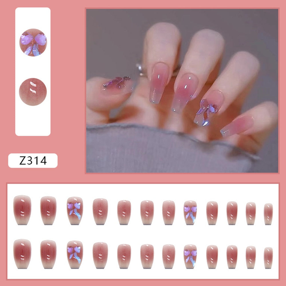 24pcs False Nails Floral Beads Decorated Artificial Nail Tips Bride Reusable Fingernails Fake Nail Press On Nail накладные ногти 49