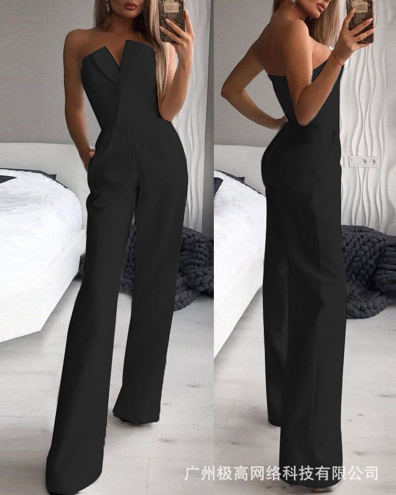 Elegant Slim Office Lady Black Strapless Jumpsuits for women Summer New Sexy Sleeveless White Red Wide leg Jumpsuits