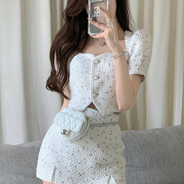 Small Fragrant Skirt Suit Tweed Short Coat Puff Sleeve Two Piece Set Female Summer Fashion Skirt for Women Korea Fashion