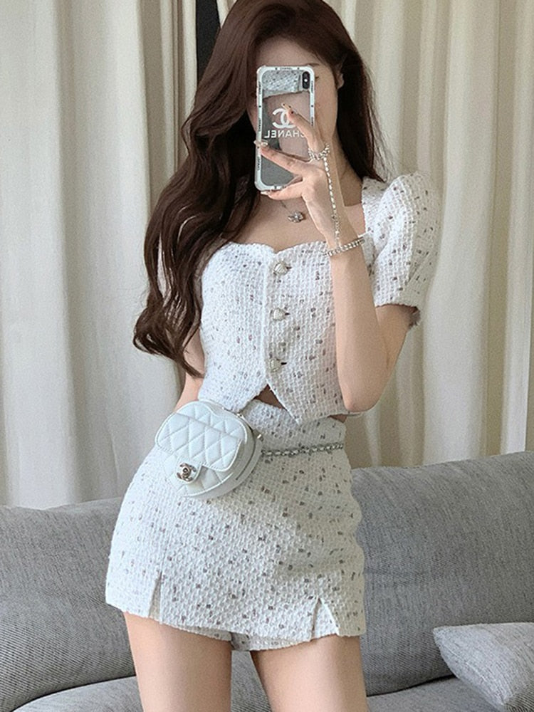 Small Fragrant Skirt Suit Tweed Short Coat Puff Sleeve Two Piece Set Female Summer Fashion Skirt for Women Korea Fashion