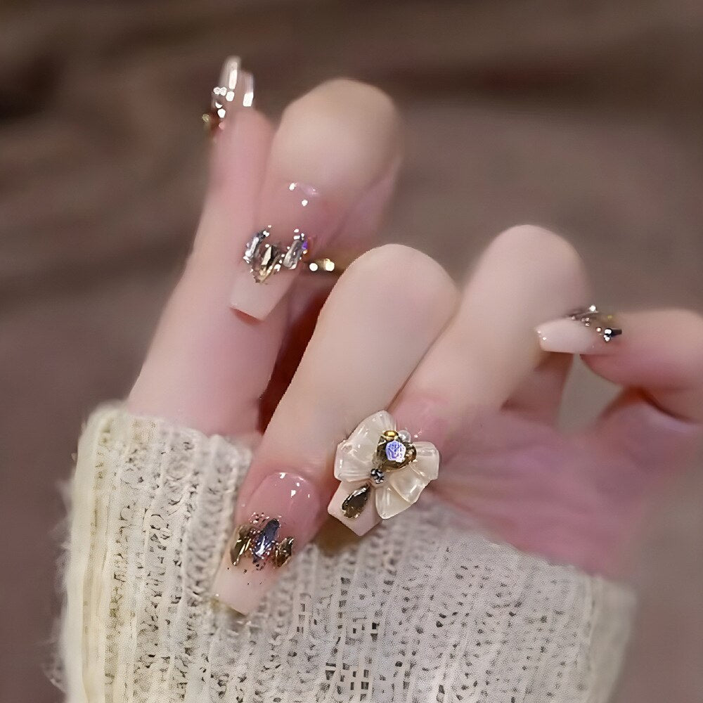 Gradient Fake Nails Press on Nail Diamond Cross Art Long Tips False Forms with Glue Stick Stickers Reusable Set CZ118