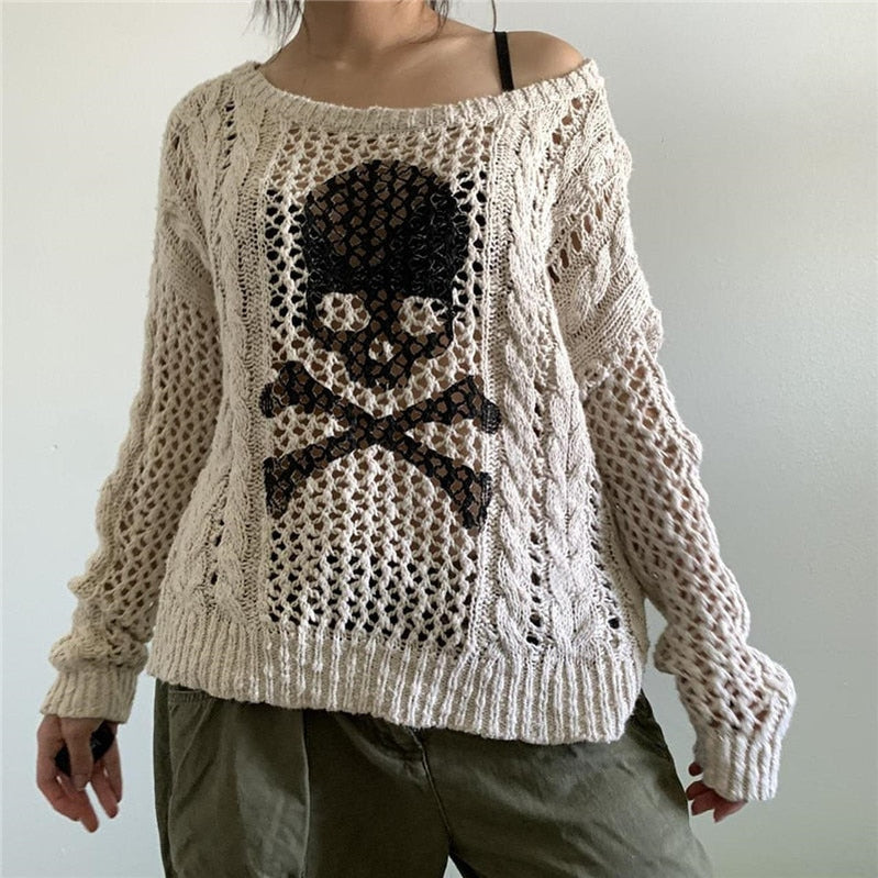 Women Skull Print Cable Knit Sweater Halloween Clorthes Gothic Hollow Out Long Sleeve Round Neck Loose Jumper Tops Fall Knitwear - Basso & Brooke