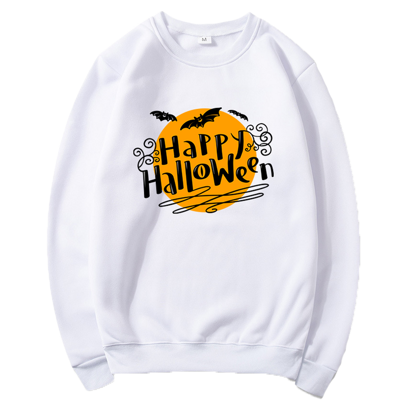 Fashion Halloween Pattern Print Crew Neck Sweater Casual Sports Outdoor Cute Long Sleeve Sweatshirt White
