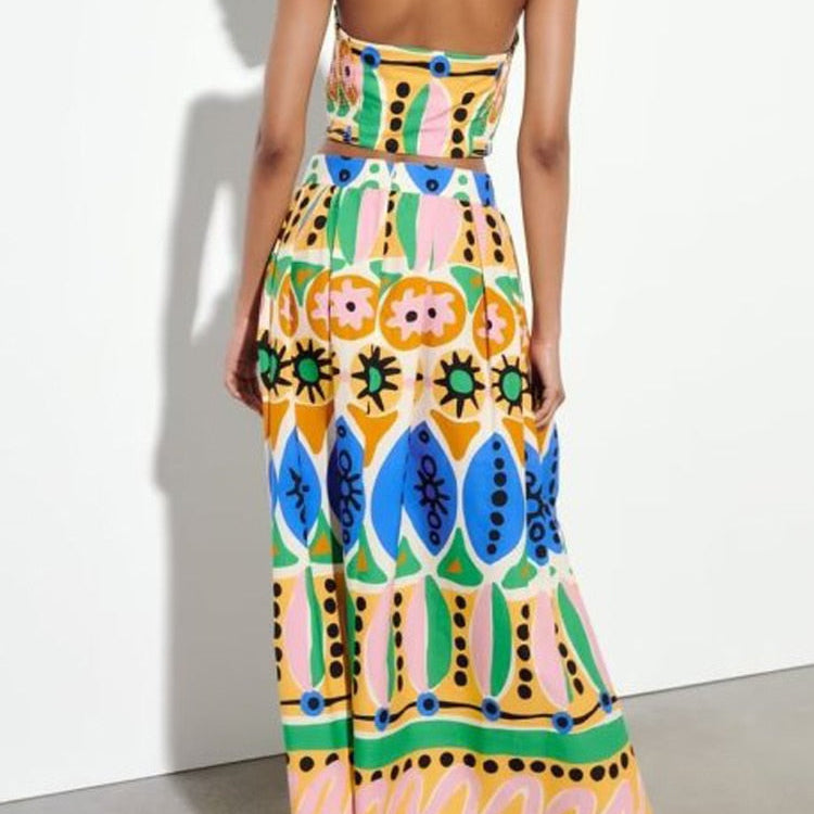 KJMYYX 2023 Fashion Summer Print Skirt Sets For Women Female Causal Halter Sleeveless Camisole Tops A-Line Mid-Calf Skirt