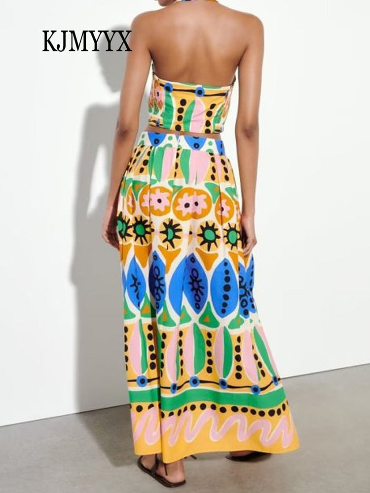 KJMYYX 2023 Fashion Summer Print Skirt Sets For Women Female Causal Halter Sleeveless Camisole Tops A-Line Mid-Calf Skirt
