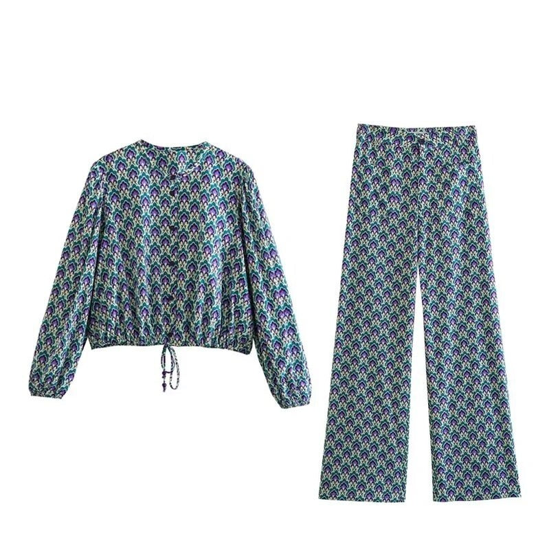 Autumn Vintage Floral Printed Long Pants Suits For Women Tied Hem Crop Top Wide Leg Loose Pants Female 2 Piece Sets Outfits