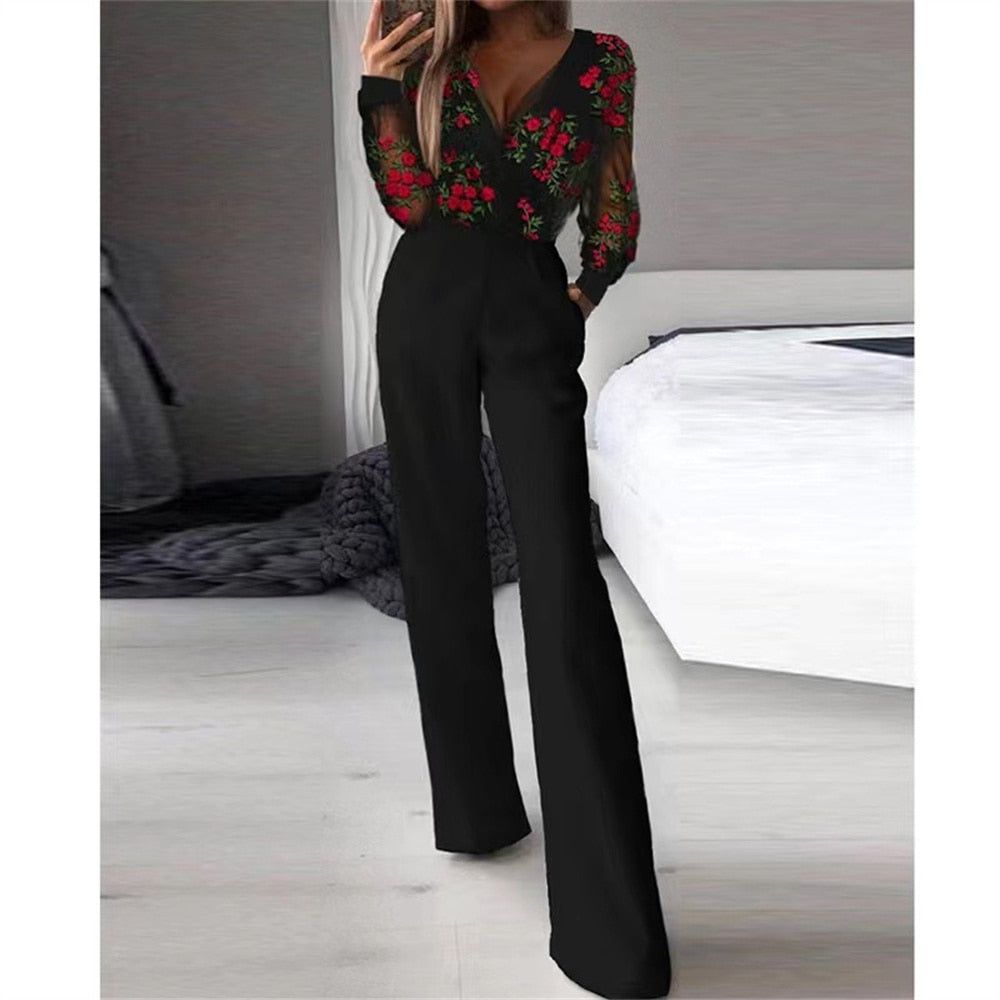 Elegant Jumpsuit Women Casual V Neck Mesh Hollow Embroidery Long Sleeve Overalls Female Slim Office Party Jumpsuit