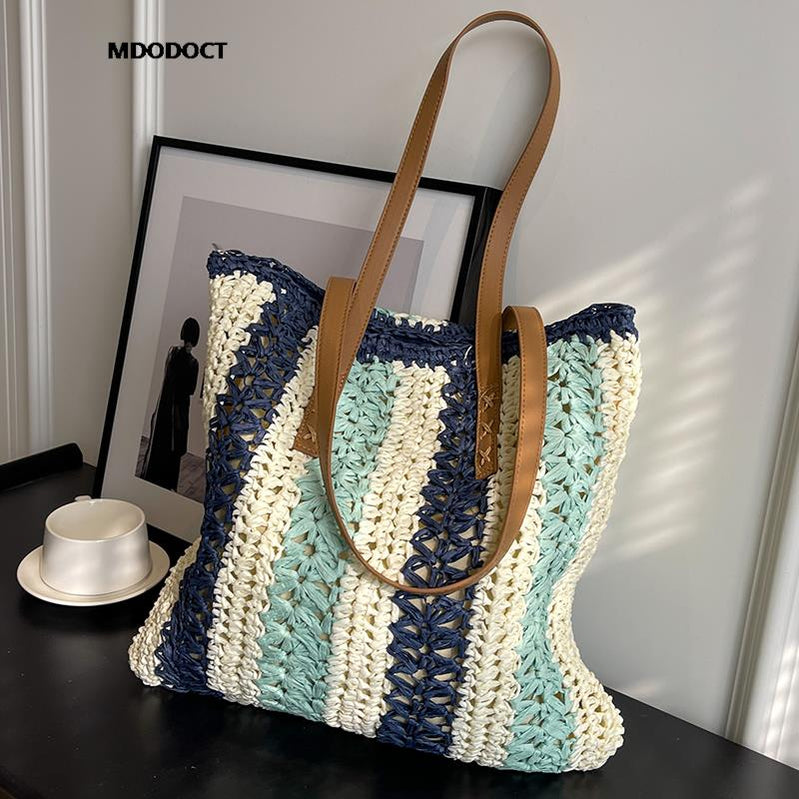Casual Large Capacity Straw Woven Tote Shoulder Bags For Women Luxury Designer Beach Ladies Handbags Blue