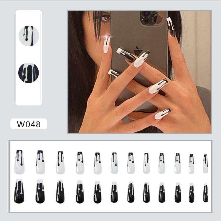 24pcs/box Printing Nails Patch MidLength Fake Nails With Design Full Cover Acrylic Press On Nails Long Artifical Nails With Glue 48