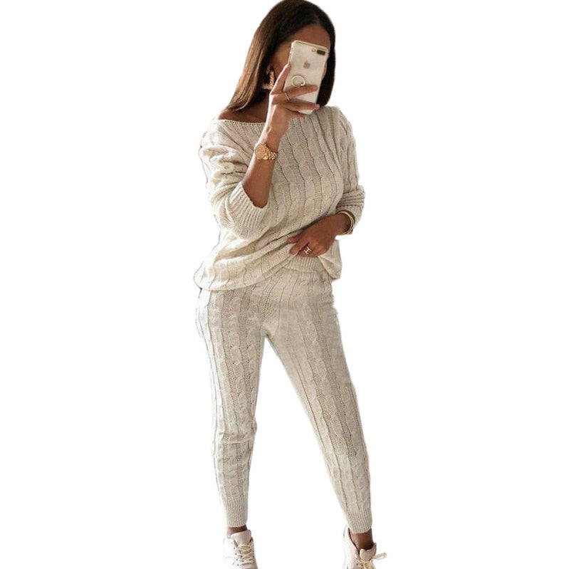 New Autumn Winter Women Knitted Tracksuit Two Piece Set Female Sweater Tops + Elastic Waist Pant Knitted Suit Women Outfits Beige TZ135