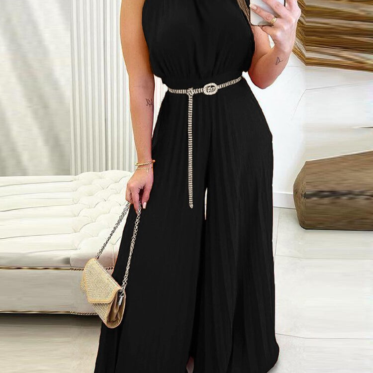 Elegant Women Fashion Red Green Sleeveless Jumpsuit Summer Sexy Halter Tied Detail Plain Pleated Wide Leg Casual Long Jumpsuit