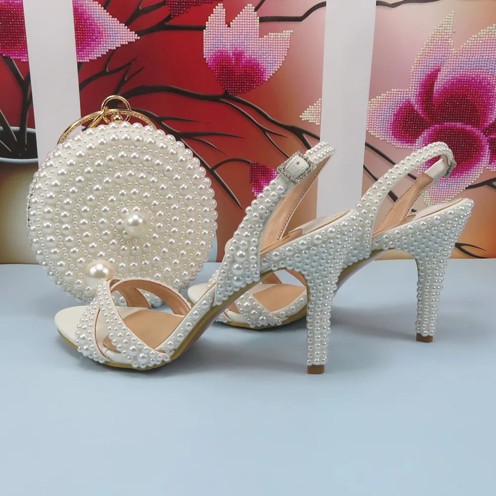 White Female Sandals Bridal shoes bag set woman Fashion Thin Heel Big Pearl Girls fashion Sandals party Shoes