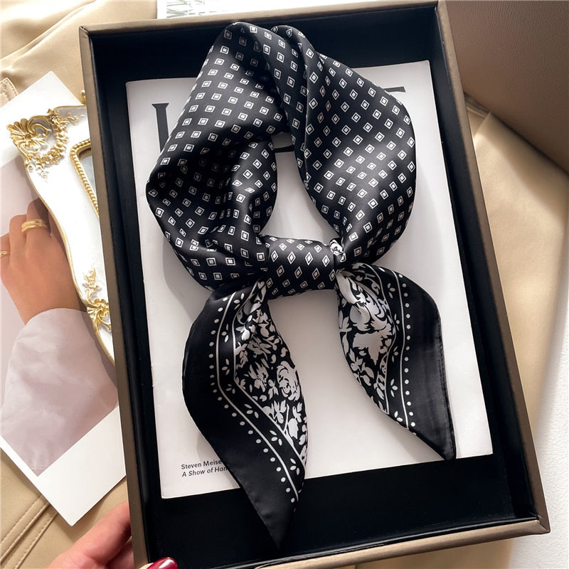 Fashion Hair Scarf for Women Decor Headband Ribbon Satin Silk Square Scarves Lady Wrist Wrap Shawls Design Bandana Foulard FJ709-4