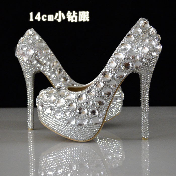 Women Rhinestones Pumps Shoes Super Flash Crystal Chaton Wedding Shoes White Bride Shoes Show Diamond High-heeled Shoes 14CM