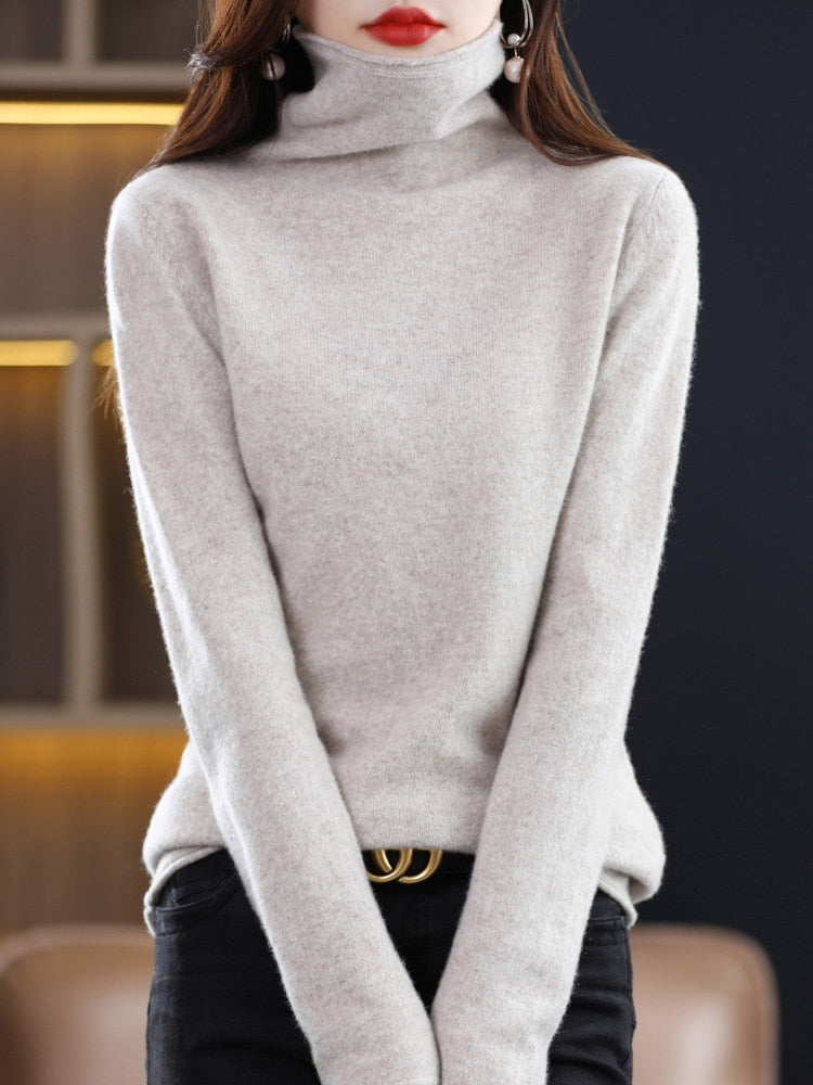 Pure Wool Women Sweater Autumn Winter Fashion Pile Collar Pullover Cashmere Sweater Casual Long-sleeved Knitted Tops Light Camel